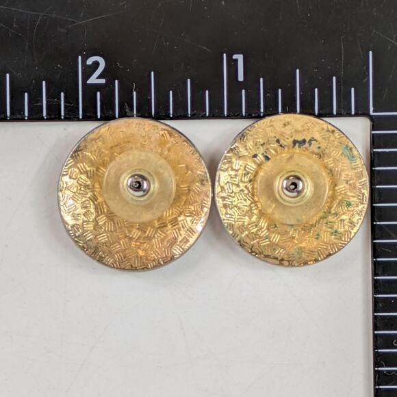 Vtg Enamel Floral Round Post Earrings Black Red Gold Art Nouveau Style Cloisonné - Picture 5 of 6